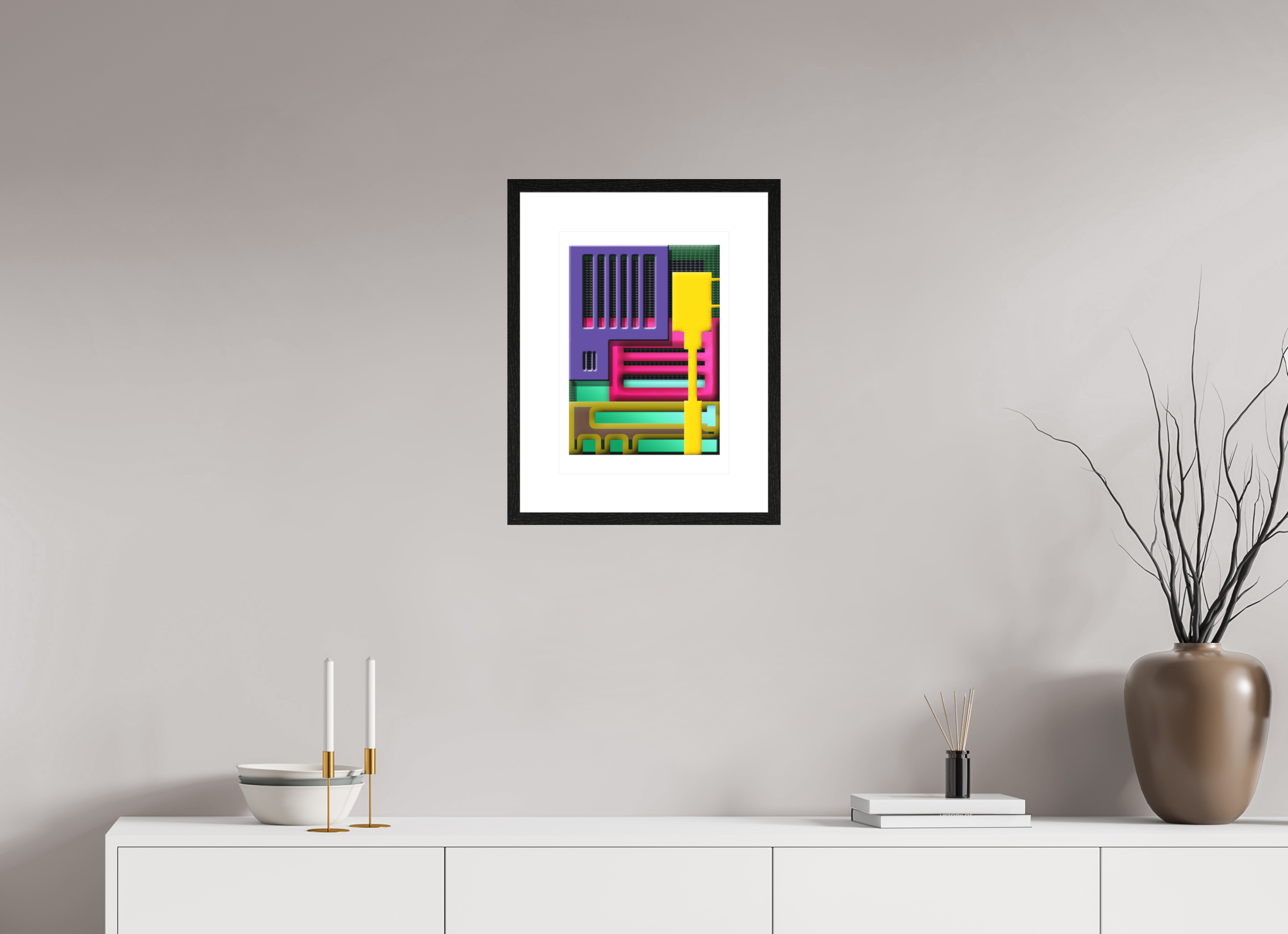 DIN A3 (29,7 x 42 cm), Ilona Mangold A4 - Framed (Black Oak) Neon Structure – Framed Abstract Wall Art