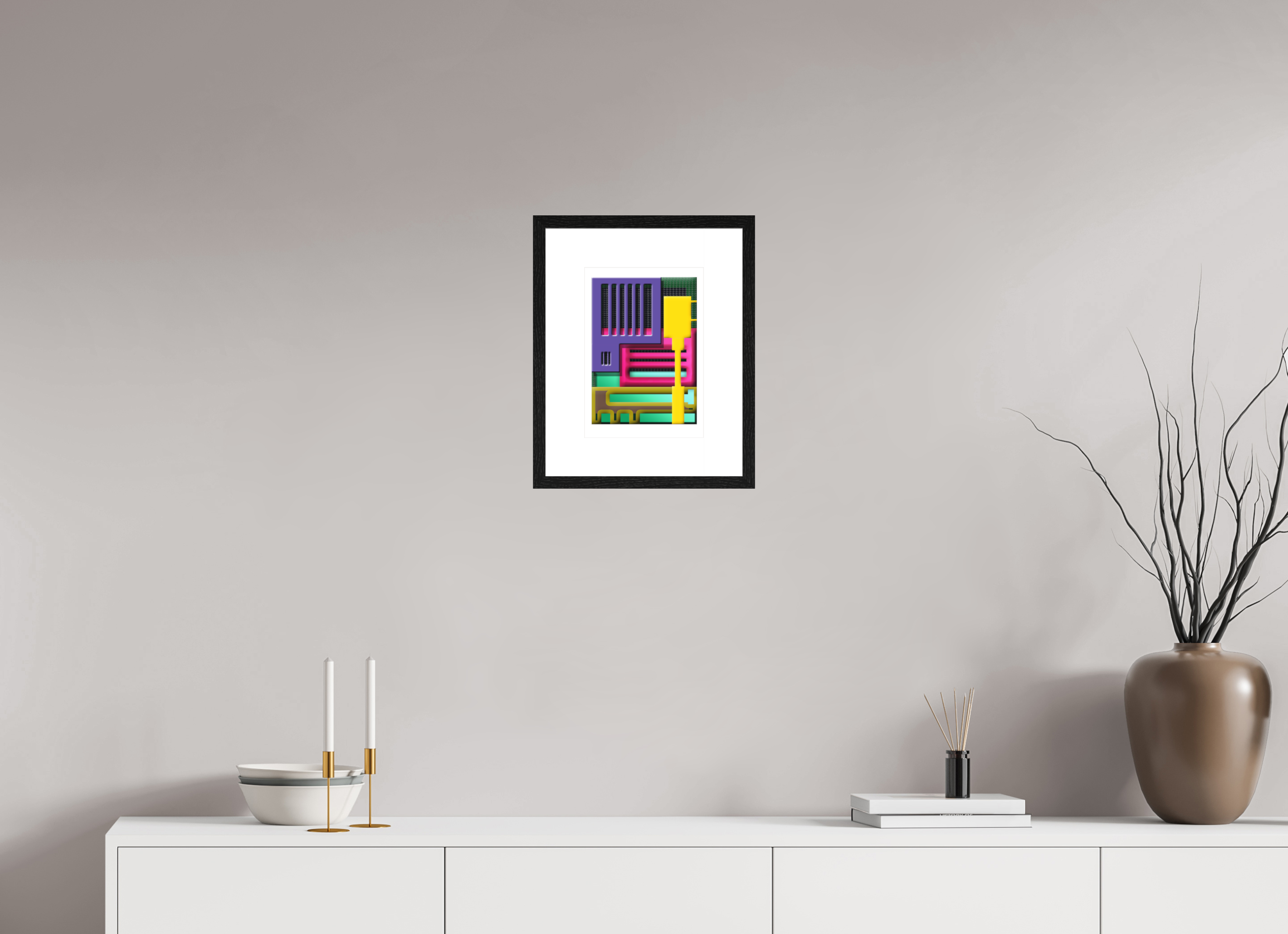 DIN A4 (21 x 29,7 cm), Ilona Mangold A4 - Framed (Black Oak) Neon Structure – Framed Abstract Wall Art